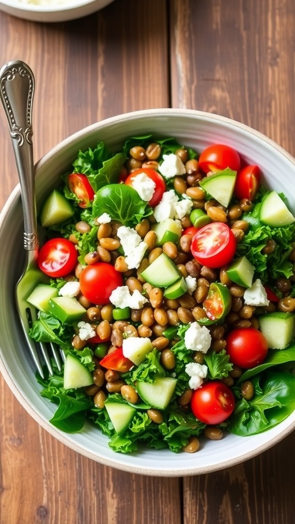 A colorful kale and lentil salad with cherry tomatoes, cucumber, and feta cheese on a wooden table.